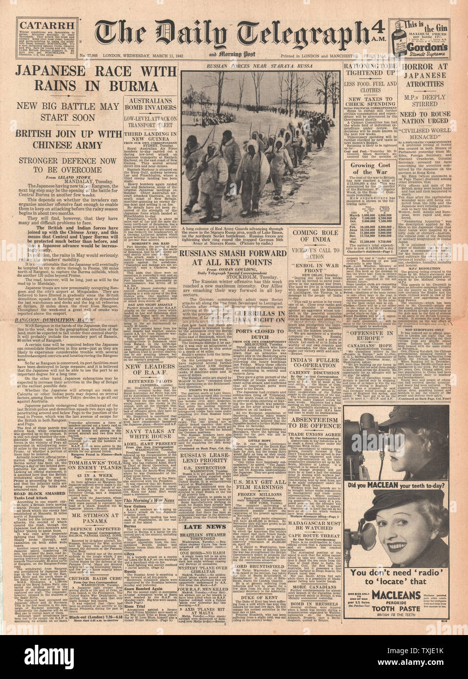1942 front page Daily Telegraph Battle for Burma and Japanese atrocities in Hong Kong Stock Photo