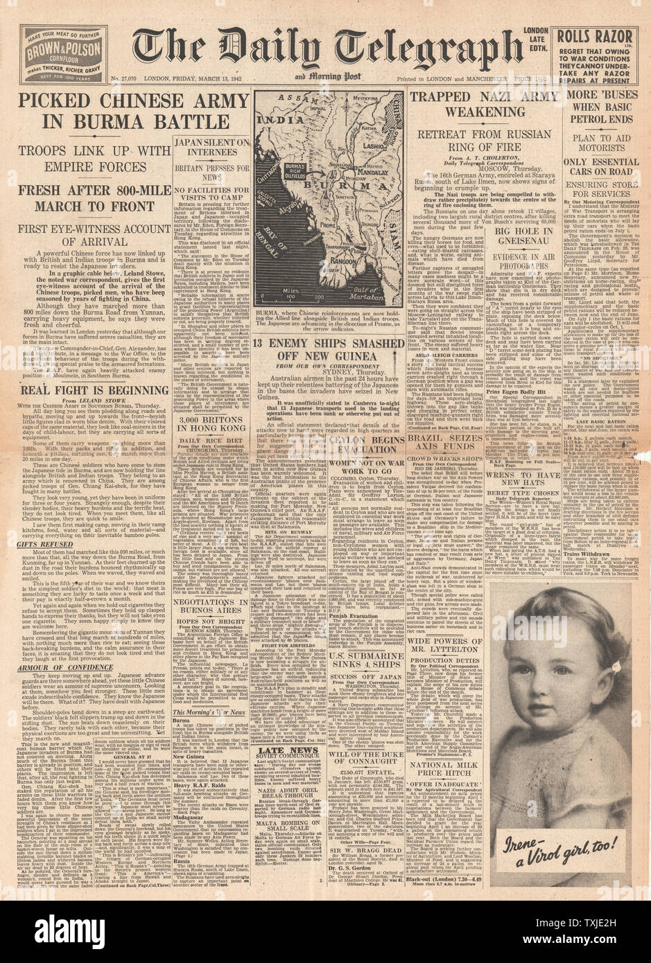 1942 front page  Daily Telegraph Chinese Army in Battle for Burma and Battle for New Guinea Stock Photo