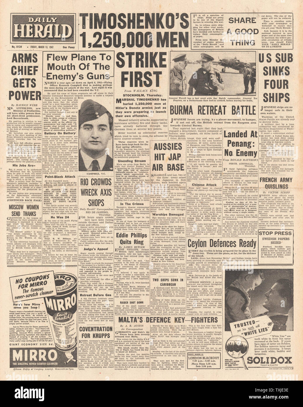 1942 front page  Daily Herald Battle for Donetz, British Forces retreat in Burma and Kenneth Campbell awarded VC Stock Photo