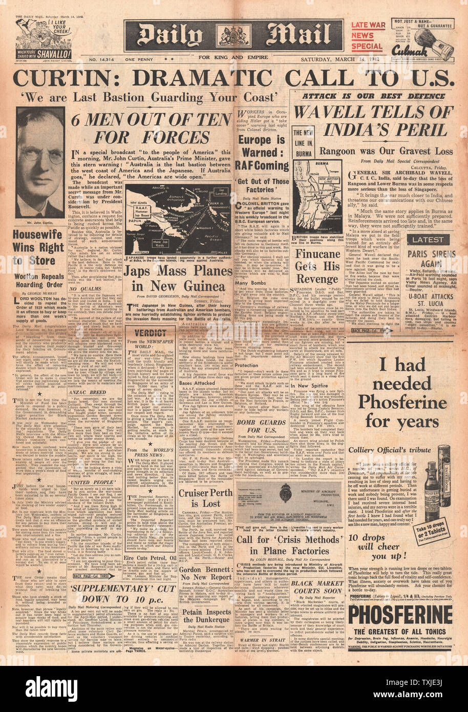 1942 front page Daily Mail Australia calls on U.S. to lead in Pacific and Japanese threat to India Stock Photo