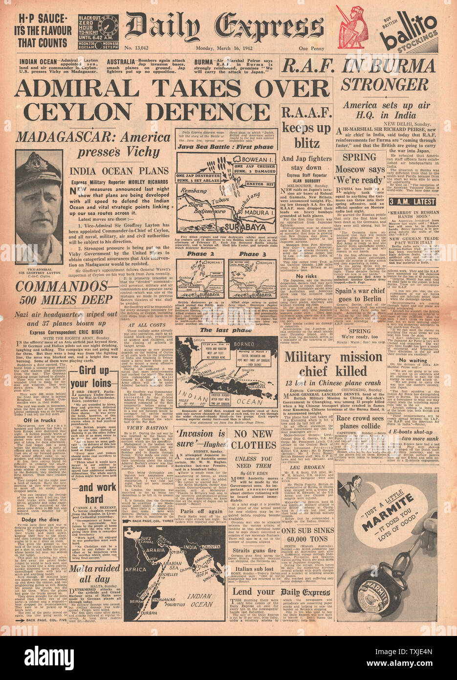 1942 front page Daily Express Admiral Geoffrey Layton appointed Commander in Ceylon and Battle for Burma Stock Photo