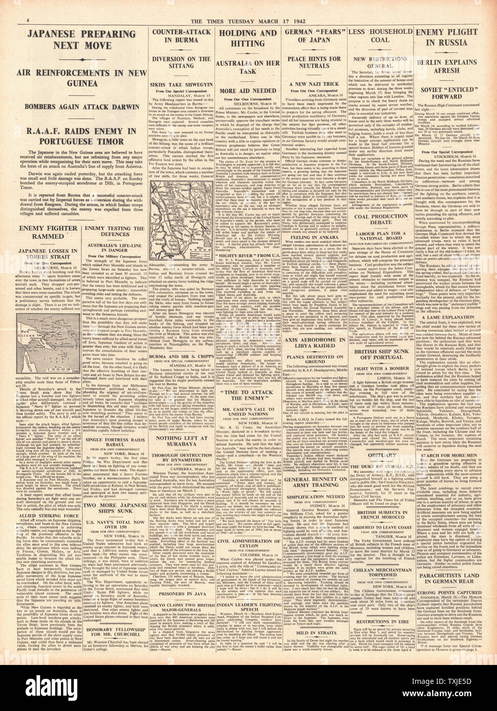 1942 page 4 The Times Battle for New Guinea and Burma Stock Photo