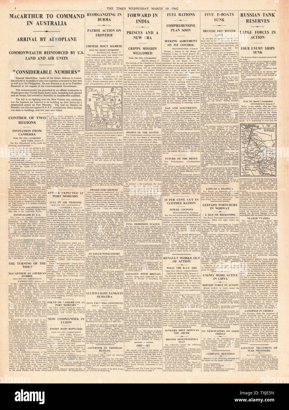 1942 page 4 The Times General Douglas MacArthur appointed Supreme Allied Commander in Australia Stock Photo