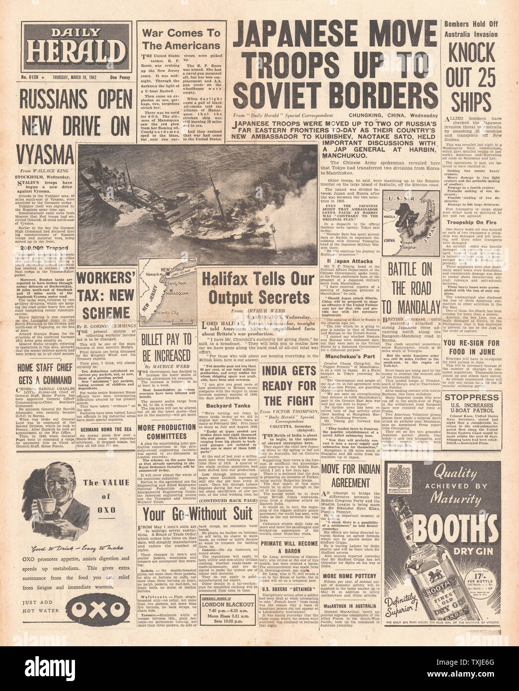 1942 front page Daily Herald Japanese Forces mass on Russian Border and sinking of U.S. Tanker R.P. Resor by German Submarine U-578 Stock Photo