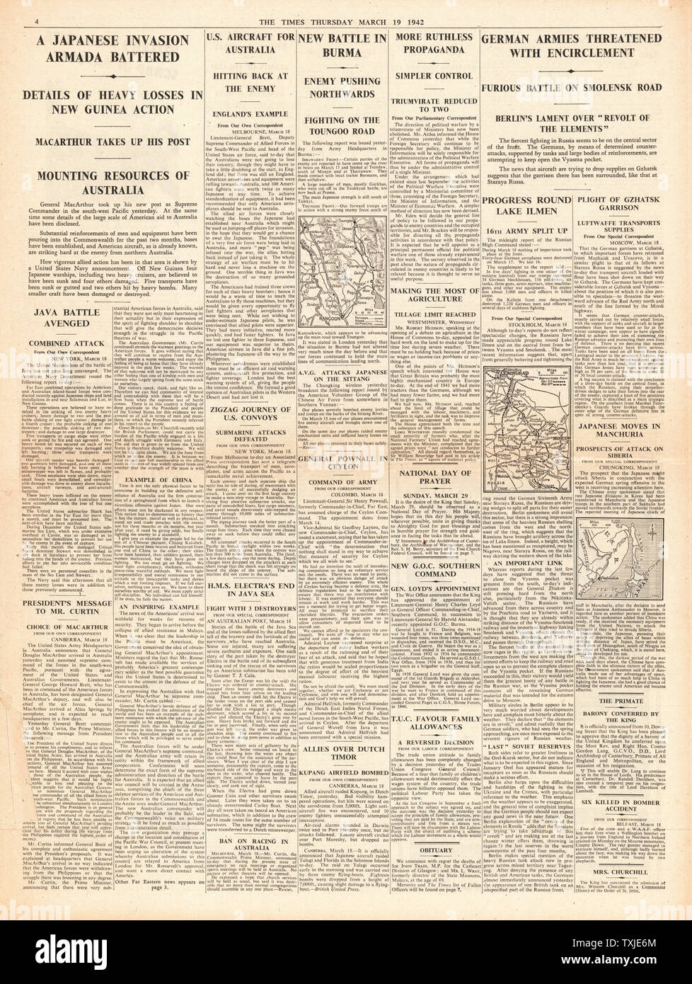 1942 page 4 The Times Japanese Invasion Fleet sunk off New Guinea by Australian and U.S. Airforces, U.S. Troops arrive in Australia and Battle for Burma Stock Photo