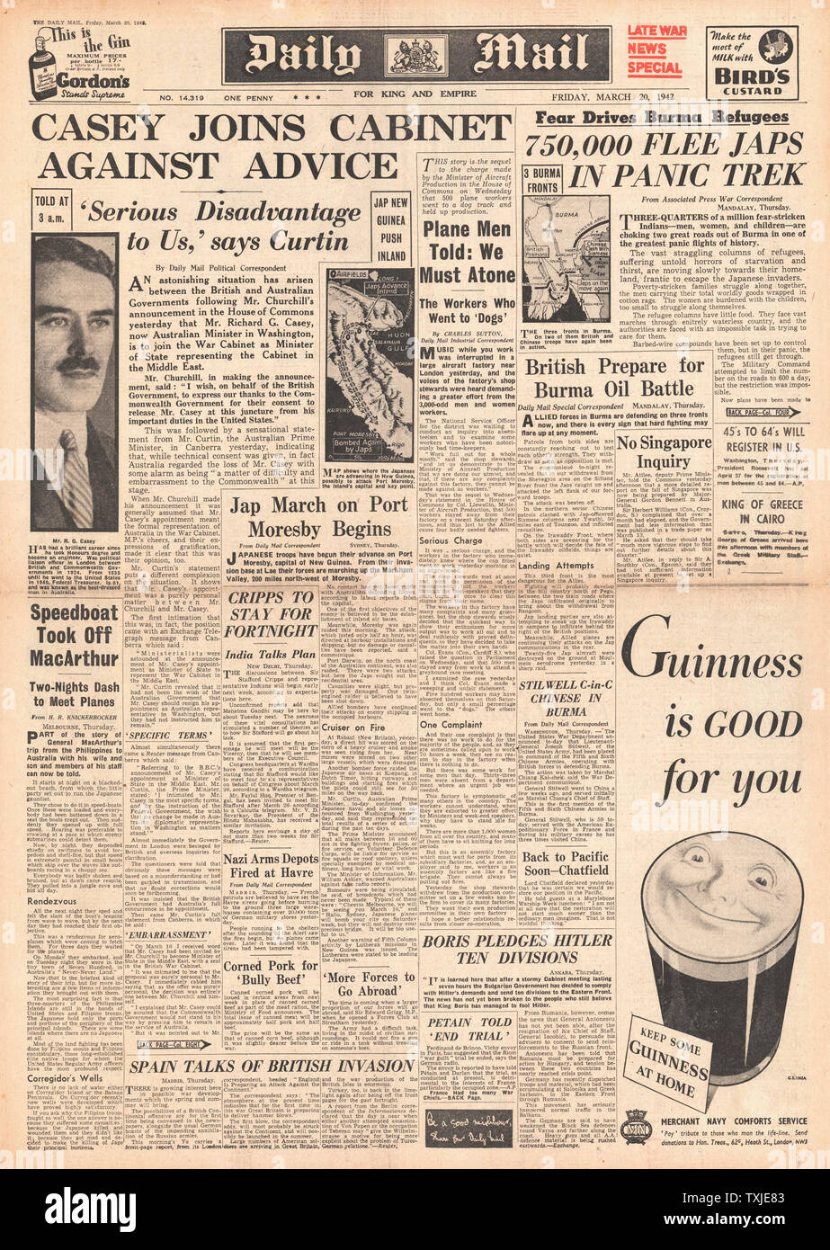 1942 front page  Daily Mail Richard Casey joins British War Cabinet and refugees flee Burma Stock Photo