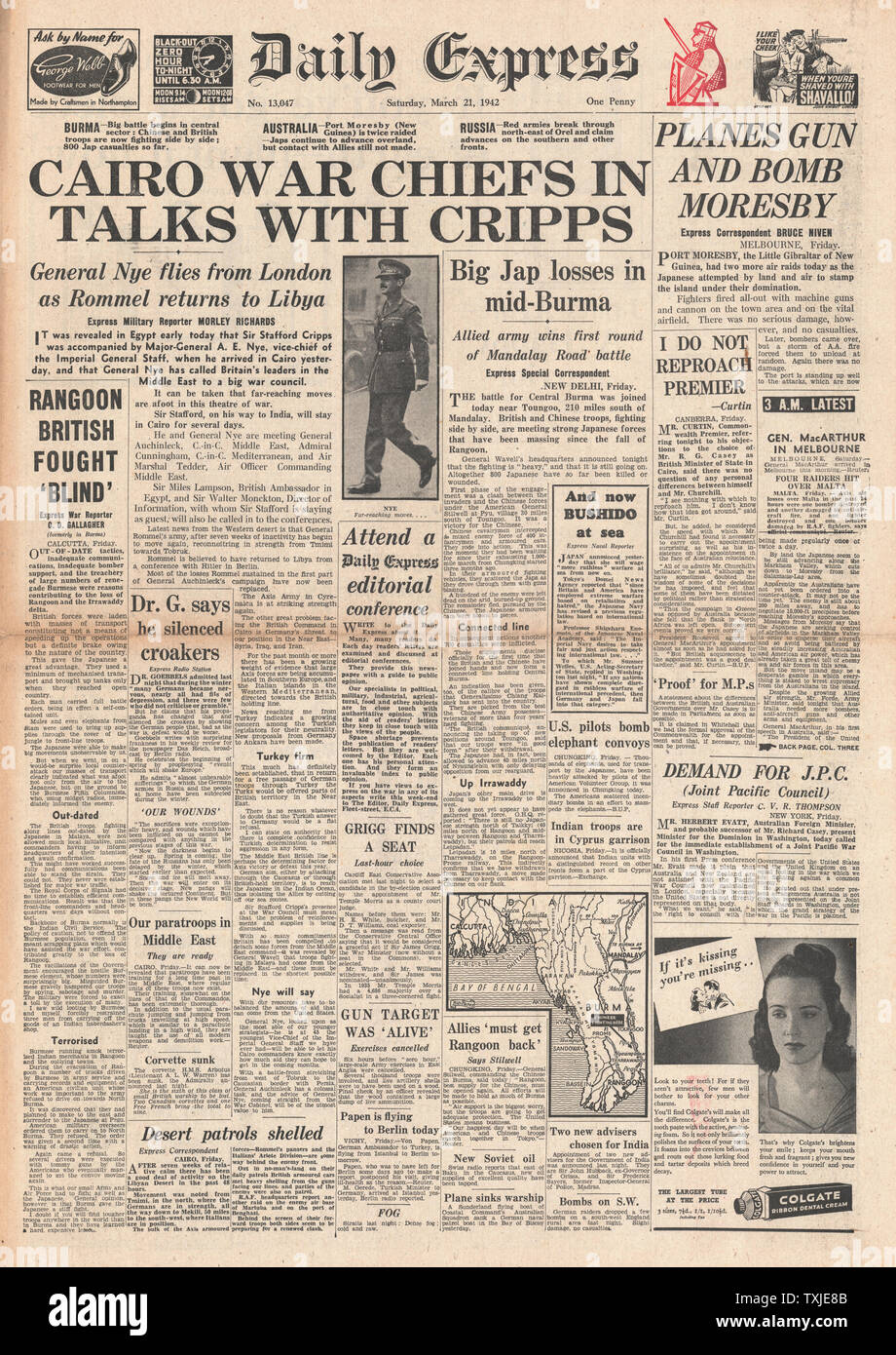 1942 front page  Daily Express Stafford Cripps in Cairo for War Talks Stock Photo