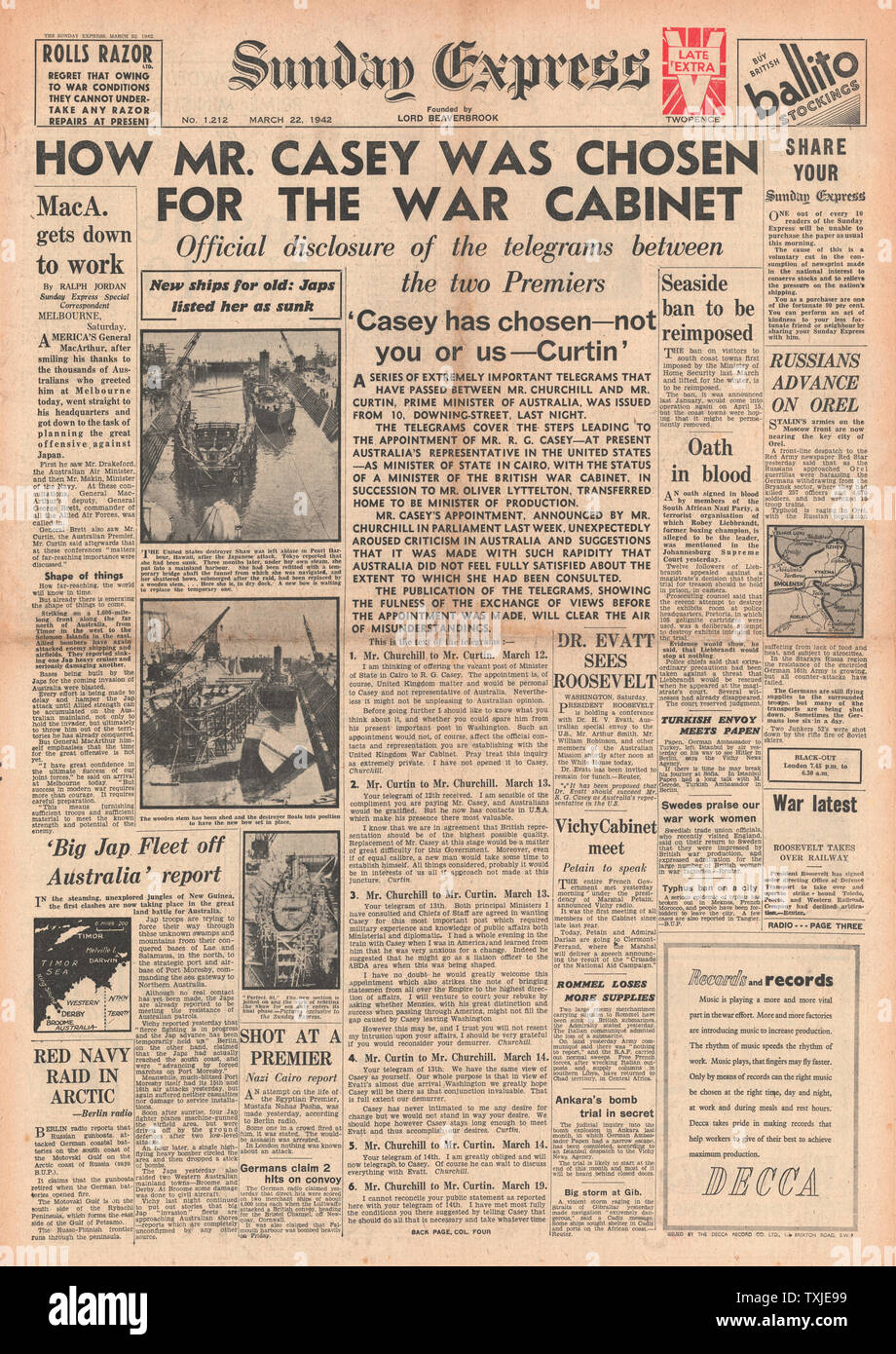 1942 front page Sunday Express Richard Casey appointed to War Cabinet Stock Photo