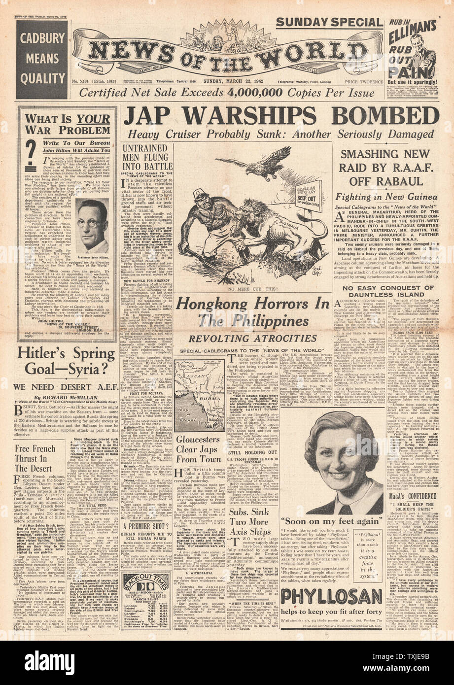 1942 front page  News of the World Japanese Warships bombed off Rabaul and Japanese atrocities in the Philippines Stock Photo