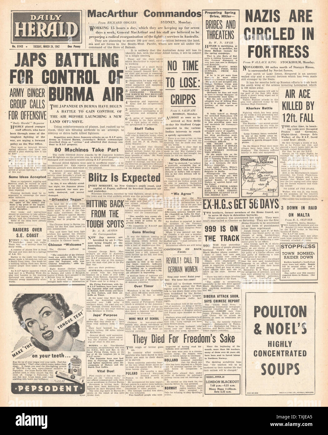 1942 front page  Daily Herald Air Battles over Burma Stock Photo