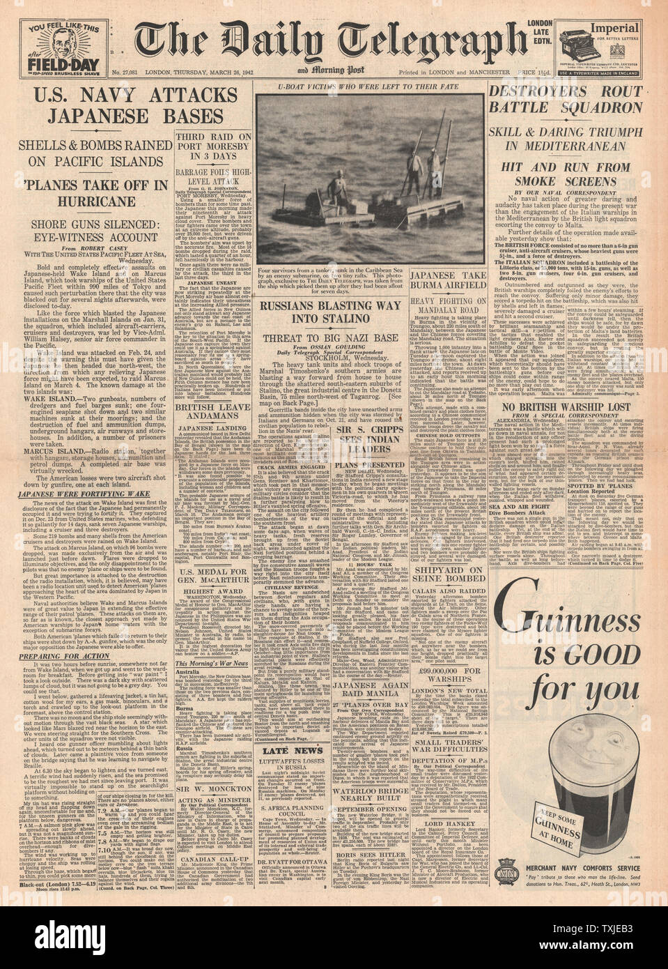 1942 front page Daily Telegraph U.S. Navy attack Japanese Pacific Bases and Italian Navy routed in Mediterranean Stock Photo