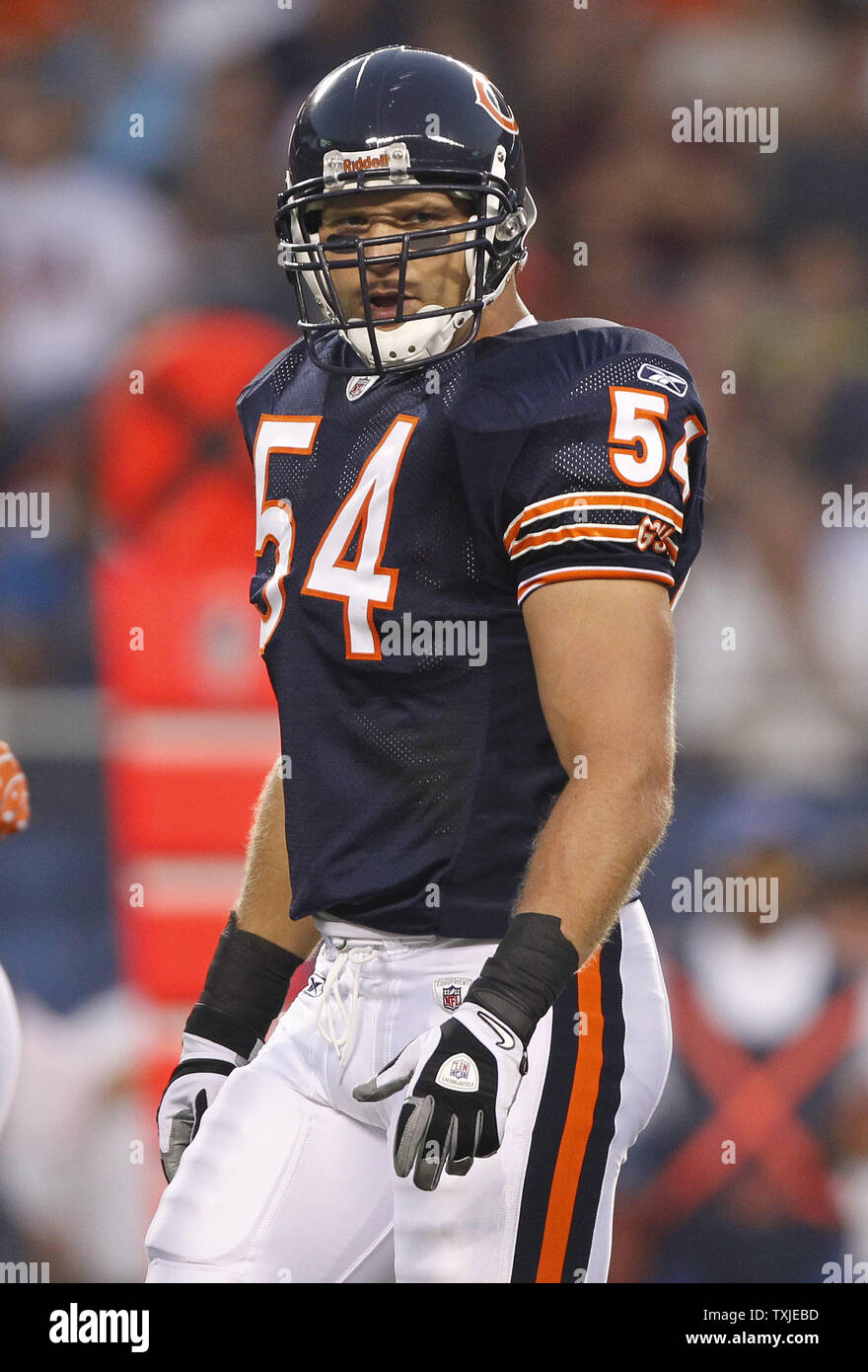 Chicago Bears linebacker Brian Urlacher (54) stands on the field