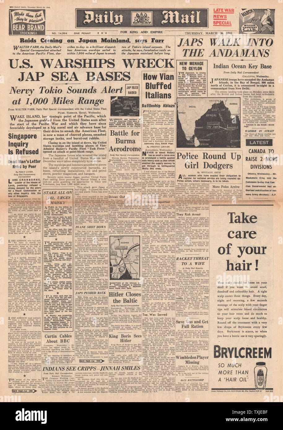 1942 front page Daily Mail U.S. Navy attack Japanese Pacific Bases, Italian Navy routed in Mediterranean and Japanese Forces occupy the Andaman Islands Stock Photo