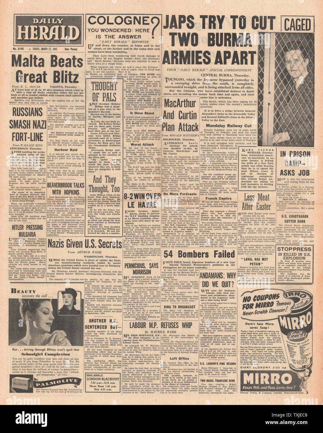 1942 front page  Daily Herald Battle for Burma and Luftwaffe Bomb Malta Stock Photo
