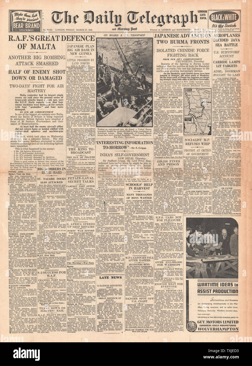1942 front page  Daily Telegraph Battle for Burma and RAF Defend Malta Stock Photo