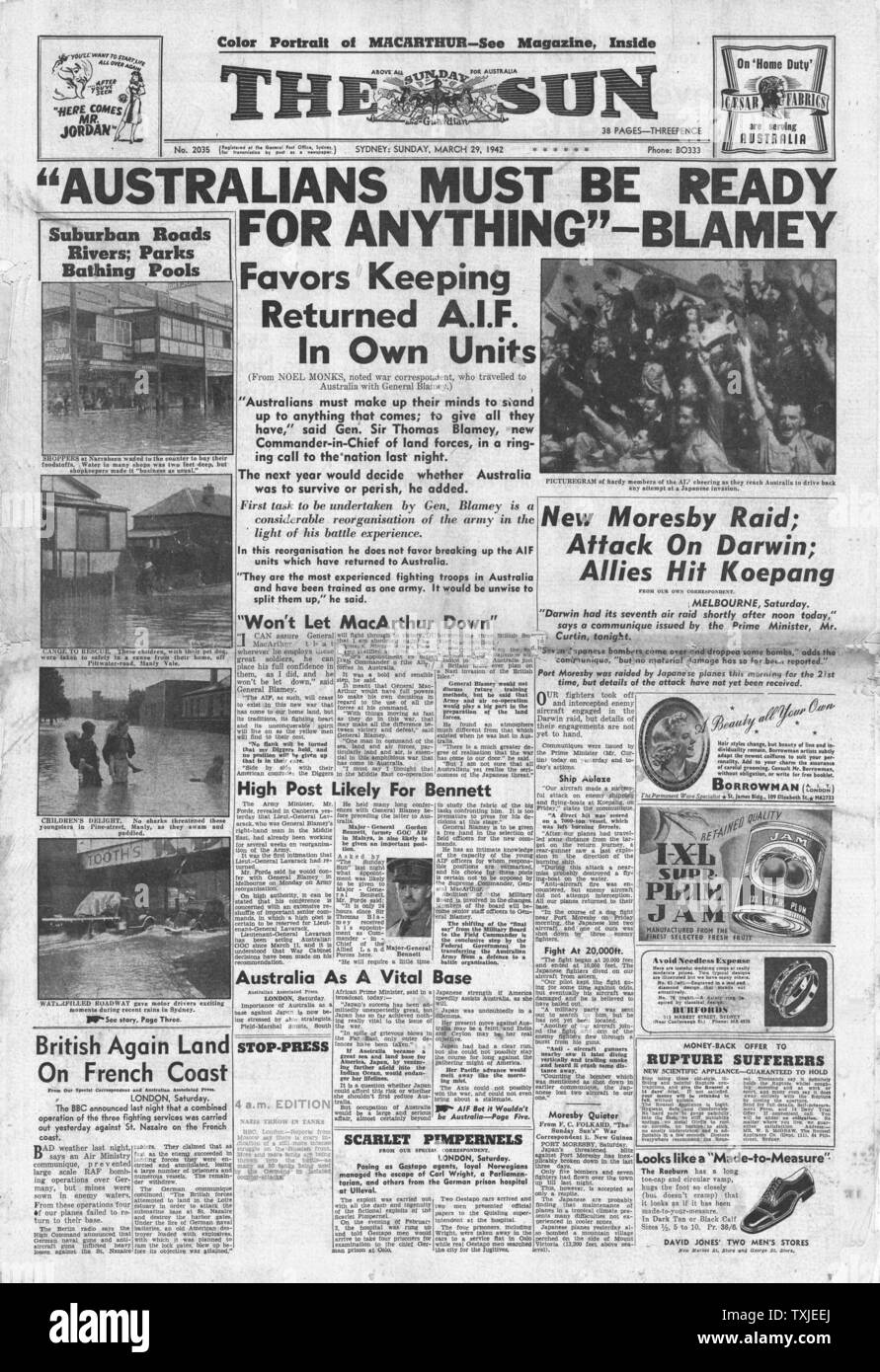 1942 front page The Sun (Sydney) General Sir Thomas Blamey tells Australians 'Be Ready For Anything' Stock Photo