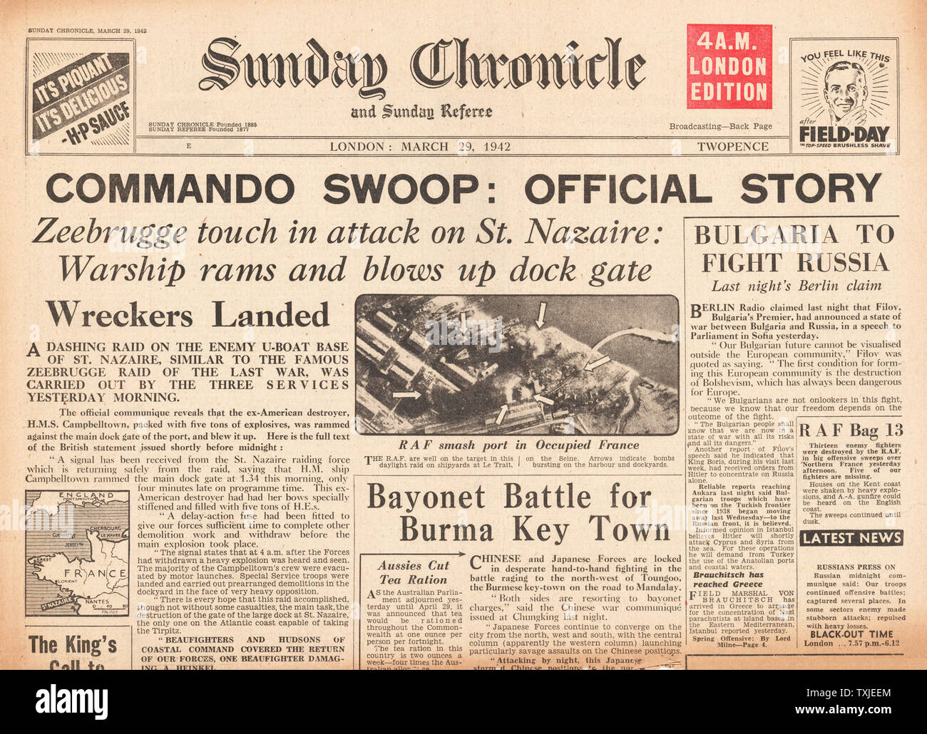 1942 front page Sunday Chronicle British Commando Raid on Docks at St