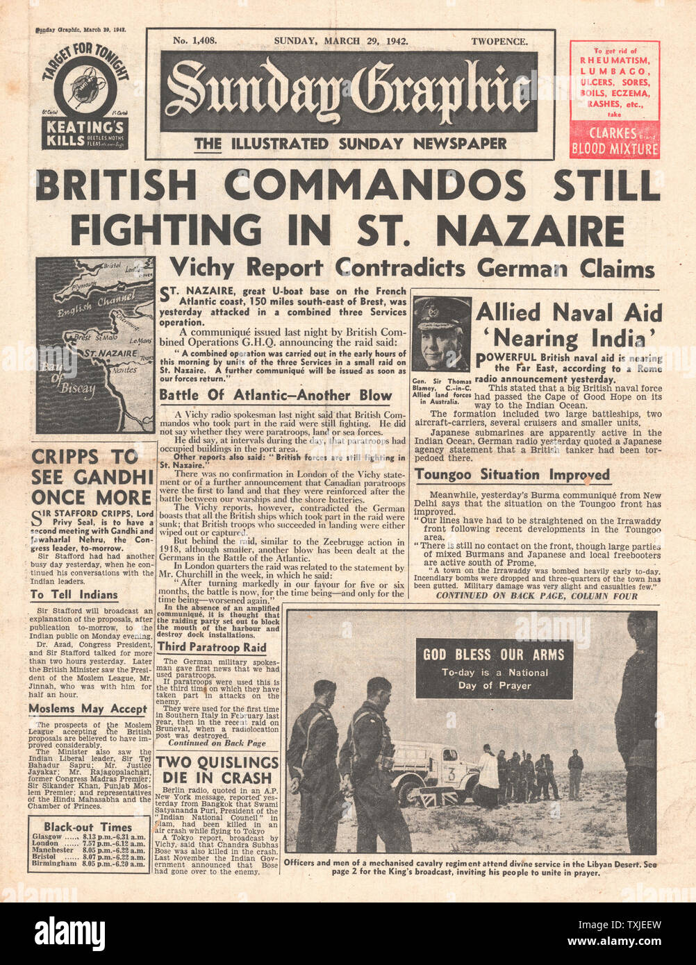 1942 front page Sunday Graphic British Commando Raid on Docks at St ...