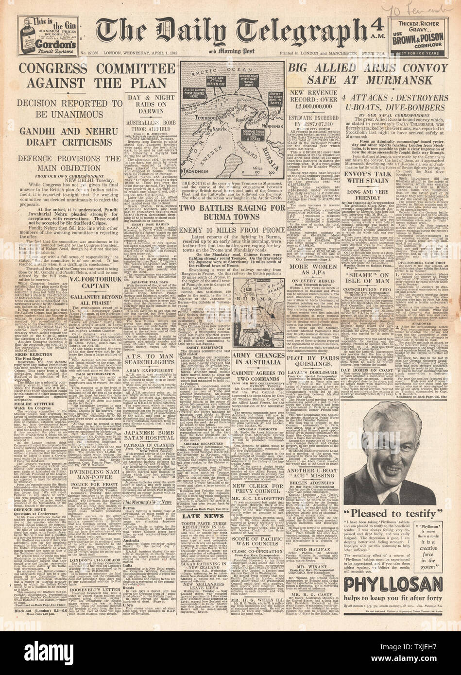 1942 front page  Daily Telegraph British Plan for India Rejected by Indian Congress, Battle for Burma and Arctic Convoys Stock Photo