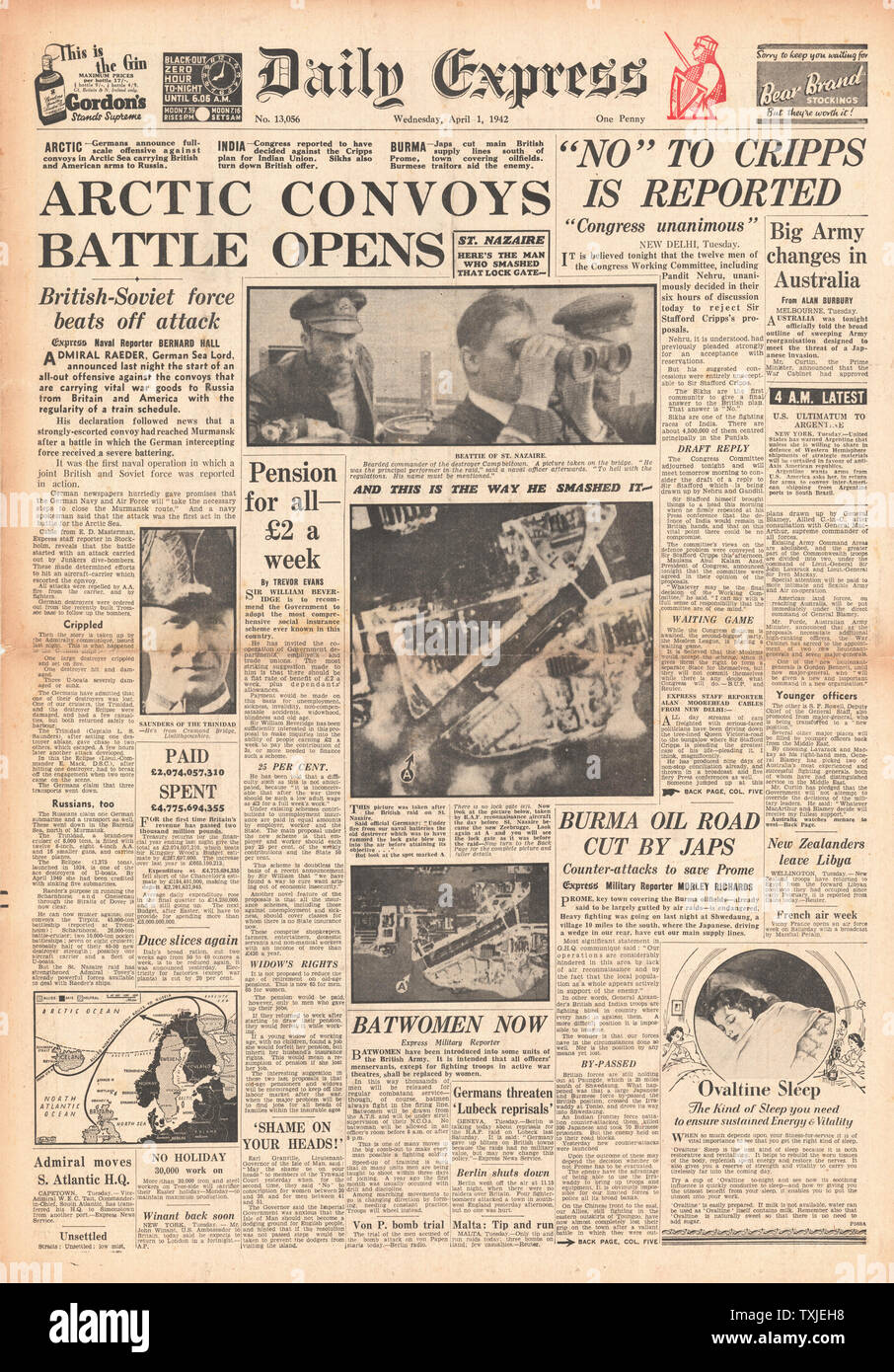 1942 front page  Daily Express British Plan for India Rejected by Indian Congress, Battle for Burma and Arctic Convoys Stock Photo