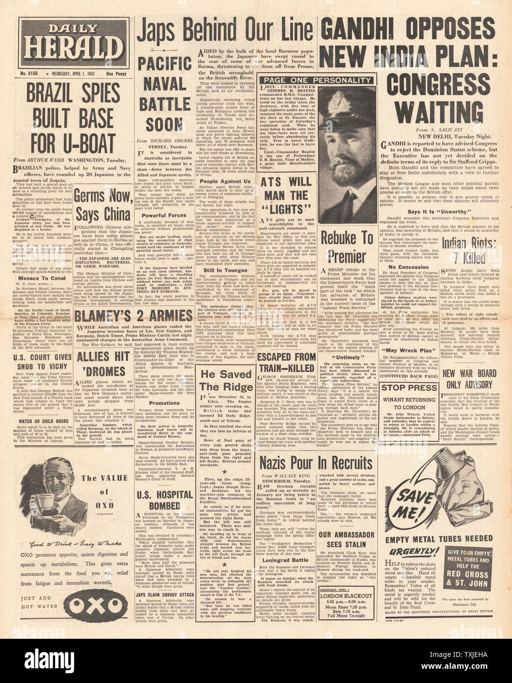 1942 front page  Daily Herald British Plan for India Rejected by Indian Congress, Battle for Burma and Arctic Convoys Stock Photo