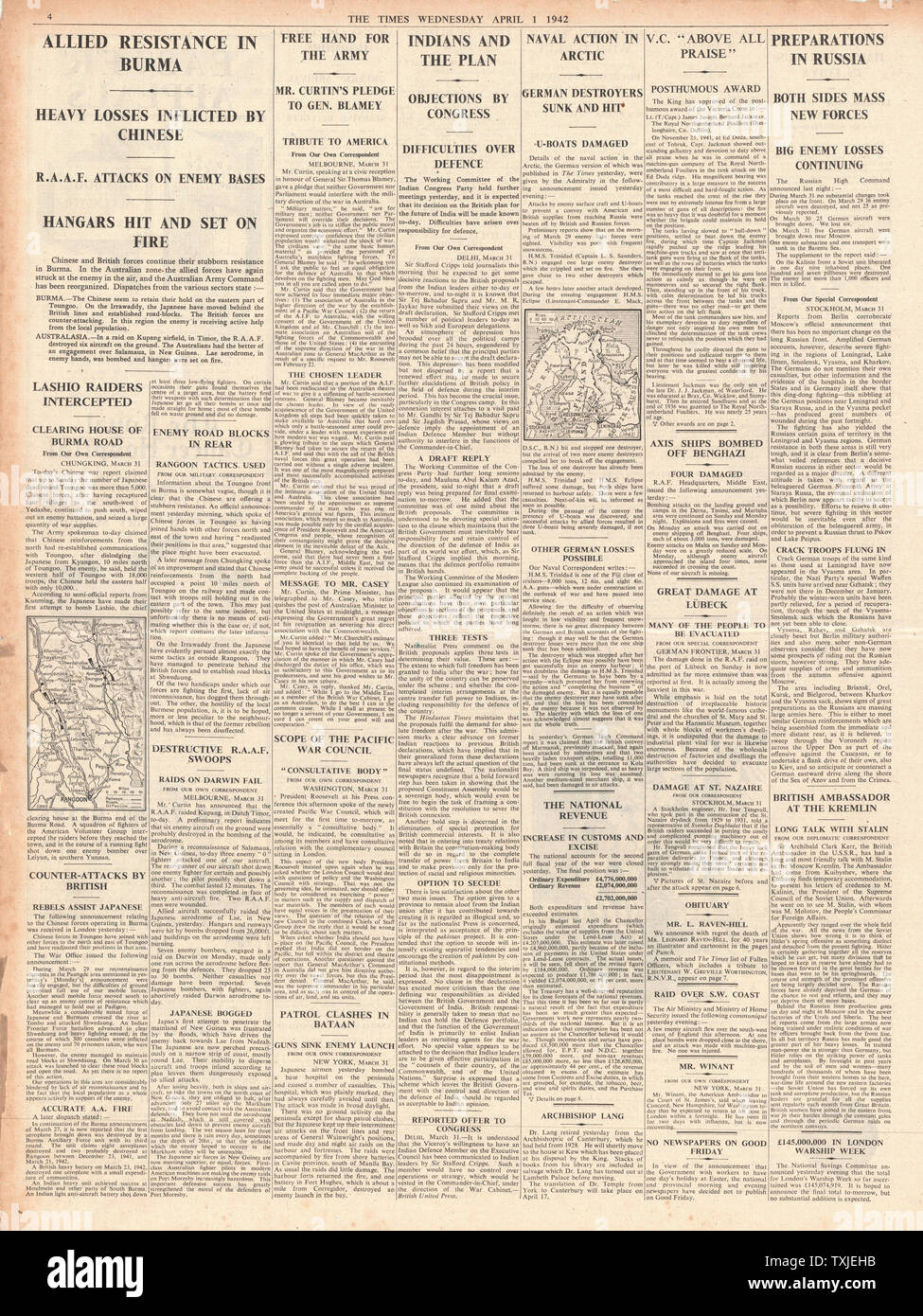 1942 page 4 The Times British Plan for India Rejected by Indian Congress, Battle for Burma and Arctic Convoys Stock Photo