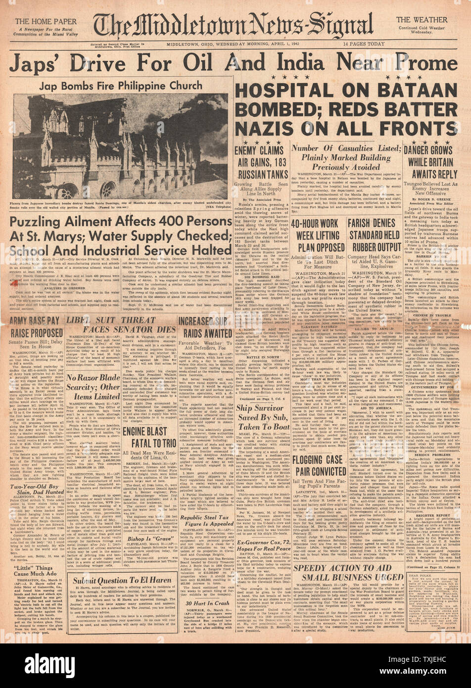 1942 front page Middletown News Signal Japanese Forces advance on Burmese Oil Fields at Prome and India Stock Photo