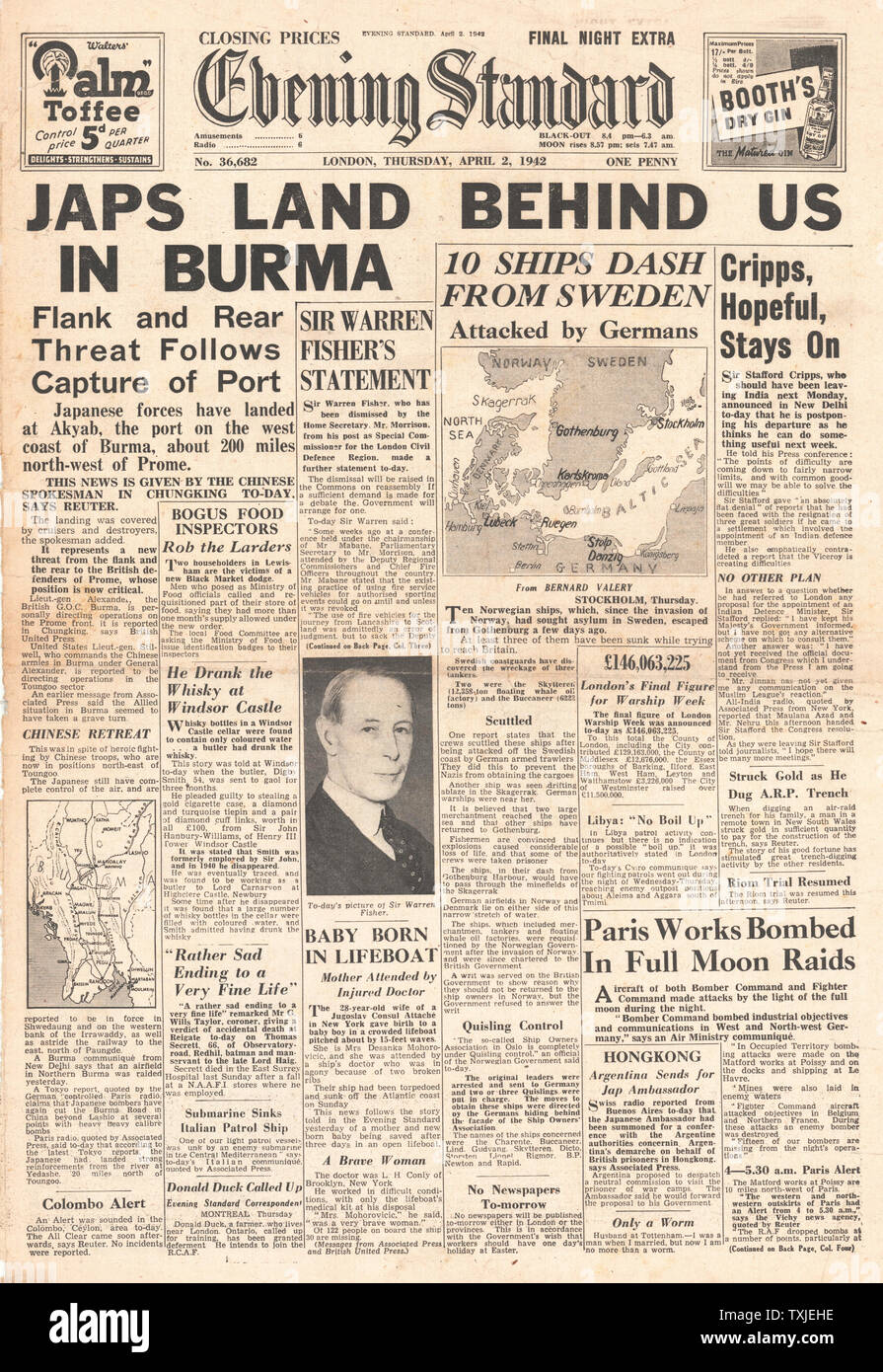 1942 front page  Evening Standard Battle for Burma Stock Photo