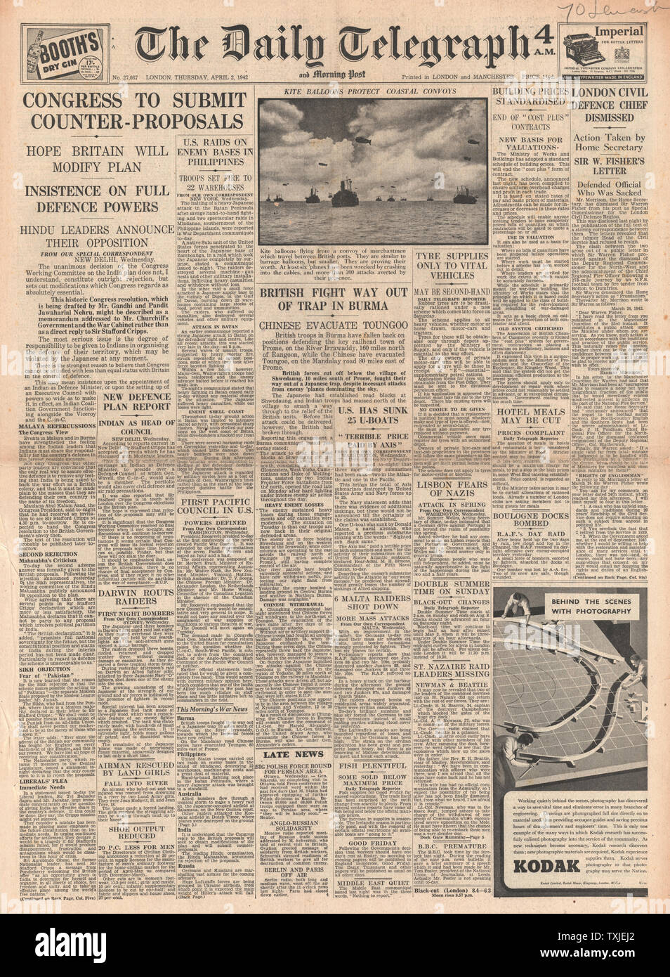 1942 front page Daily Telegraph Indian Congress submit Counter Proposals and Battle for Burma Stock Photo