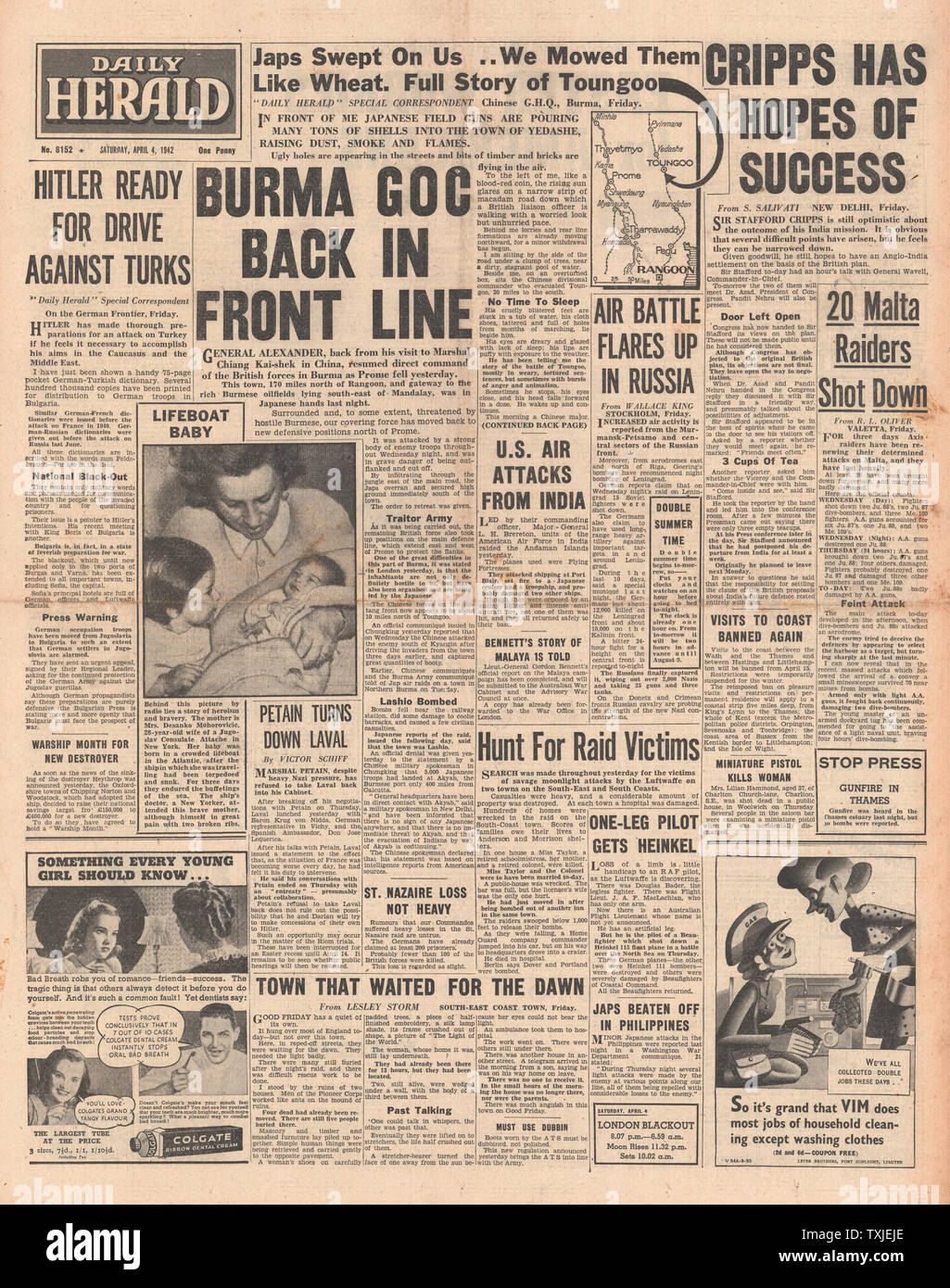 1942 front page Daily Herald Battle for Burma and Diplomatic Talks in India Stock Photo