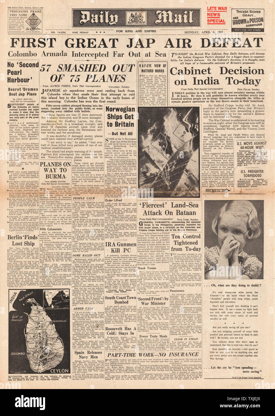 1942 front page Daily Mail Japanese Air Raids on Ceylon, Battle for Burma and Diplomatic Talks in India Stock Photo