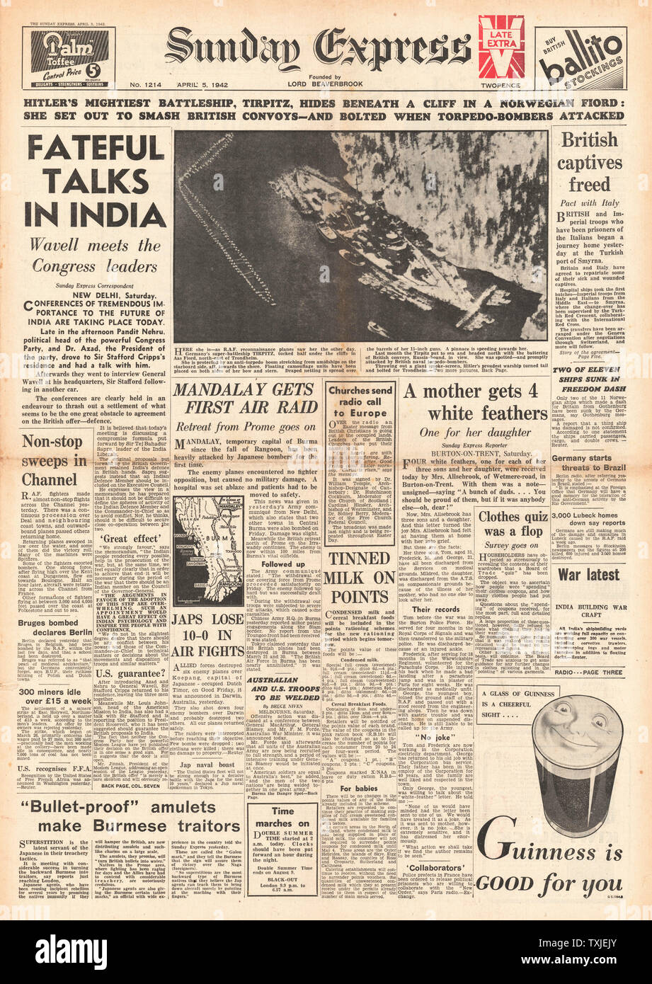 1942 front page Sunday Express Diplomatic Talks in India, Japanese Airforce Bomb Mandalay as British forces Retreat in Burma and German Battleship Tirpitz moored in Aas Fjord, near Trondheim Stock Photo