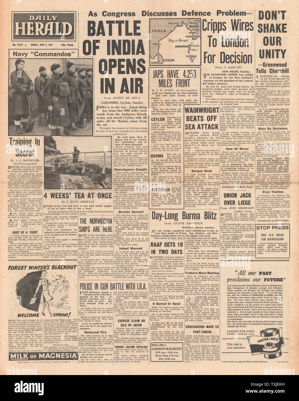 1942 front page Daily Herald Japanese Air Raids on Ceylon, Battle for Burma and Diplomatic Talks in India Stock Photo