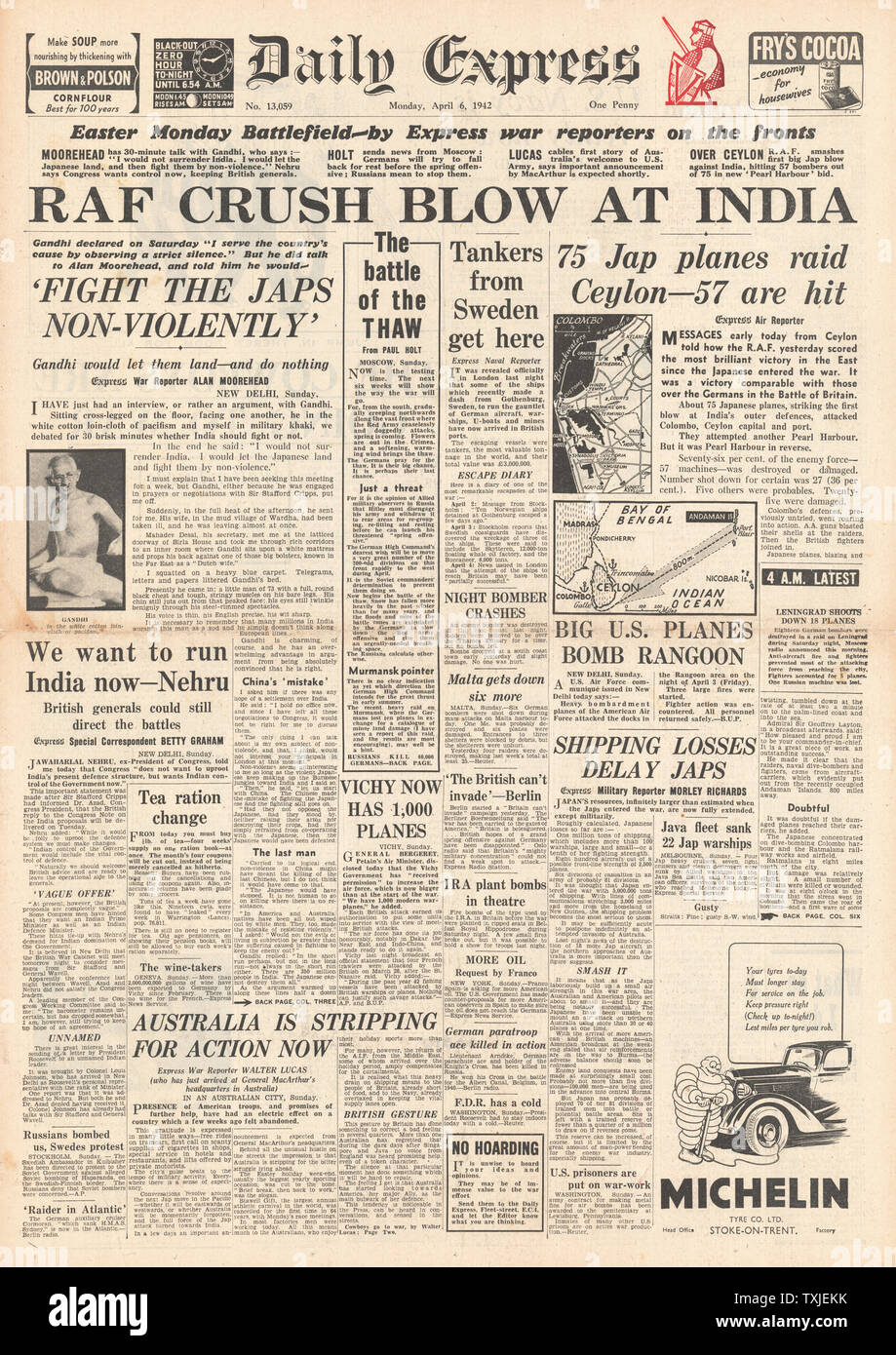 1942 front page Daily Express Japanese Air Raids on Ceylon, Battle for Burma and Diplomatic Talks in India Stock Photo