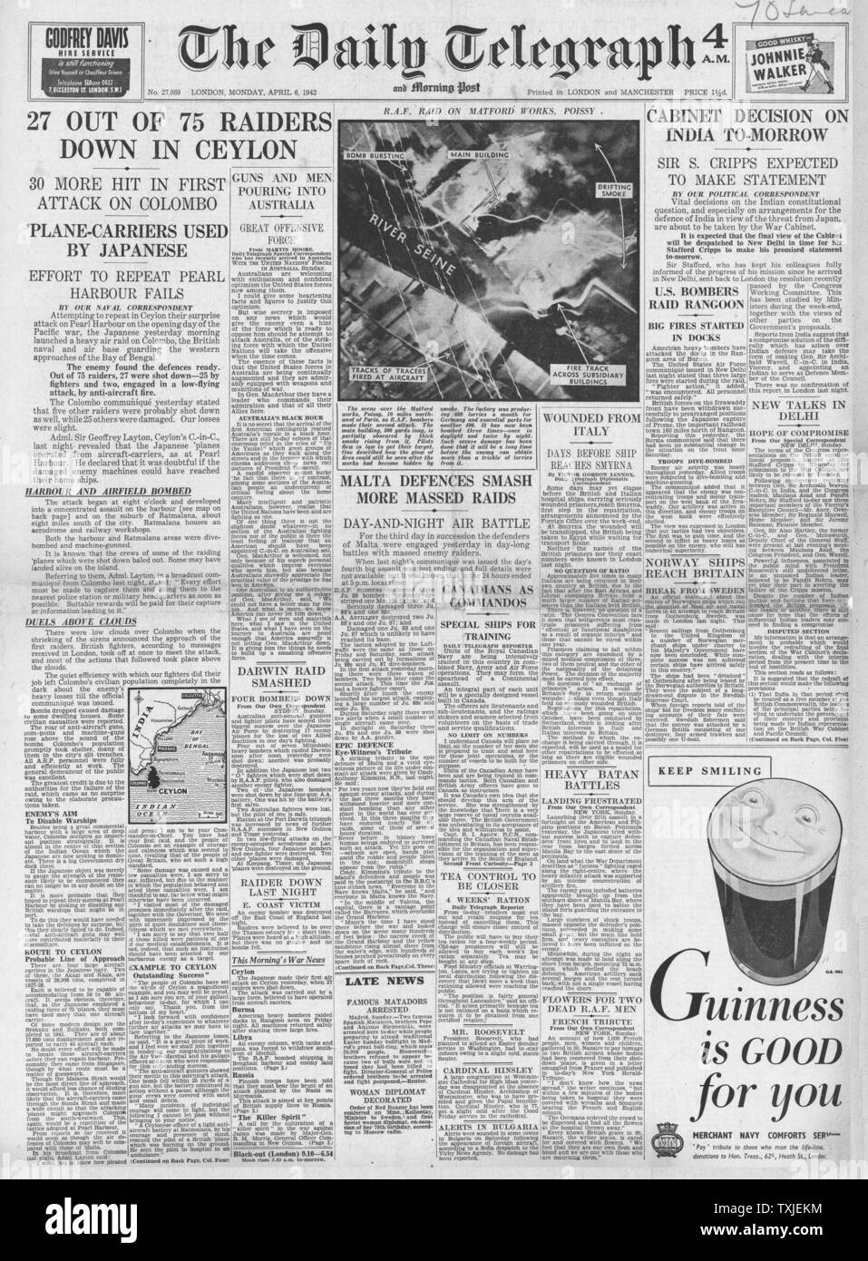 1942 front page Daily Telegraph Japanese Air Raids on Ceylon, Battle for Burma and Diplomatic Talks in India Stock Photo