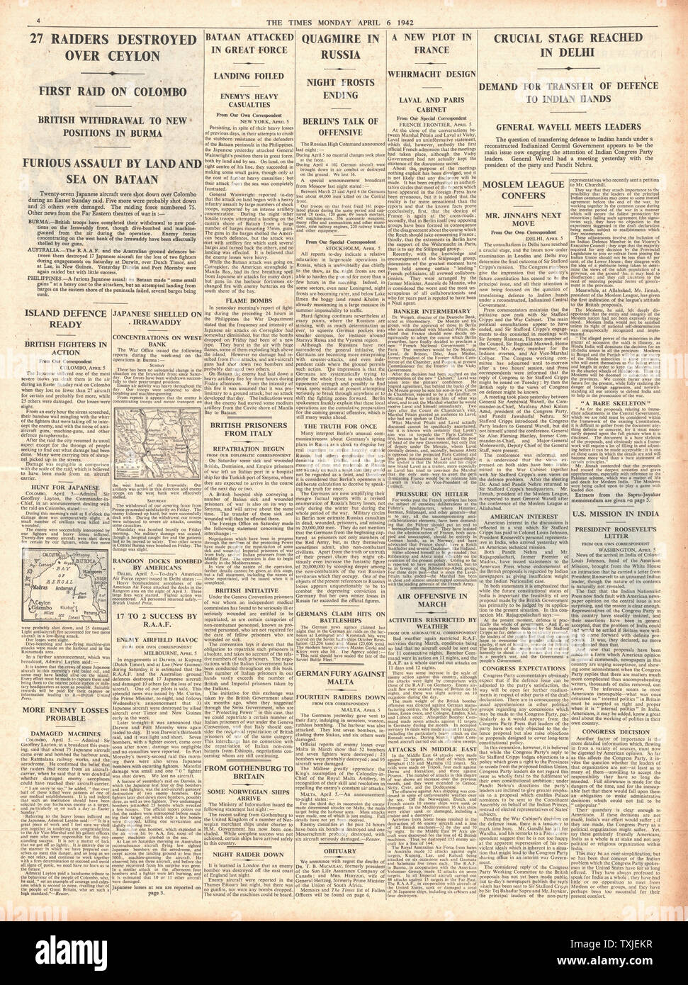 1942 page 4 The Times Japanese Air Raids on Ceylon, Battle for Burma and Diplomatic Talks in India Stock Photo