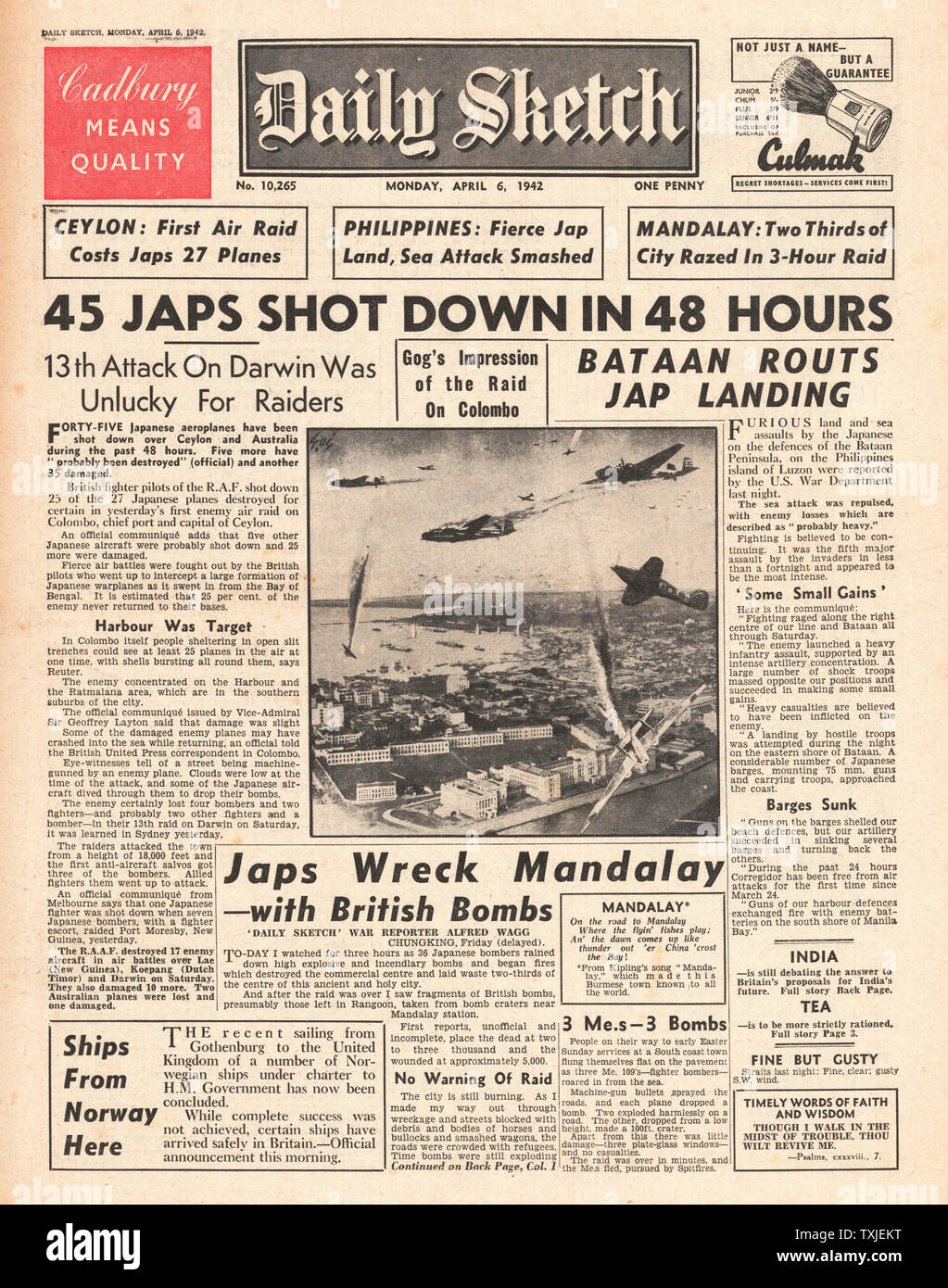 1942 front page Daily Sketch Japanese Air Raids on Ceylon, Battle for Burma and Diplomatic Talks in India Stock Photo