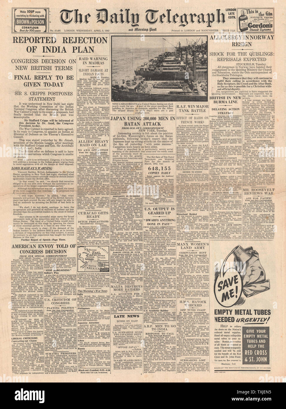 1942 front page Daily Telegraph Diplomatic Talks in India, Battle for Burma and all Norwegian Clergymen Resign Stock Photo