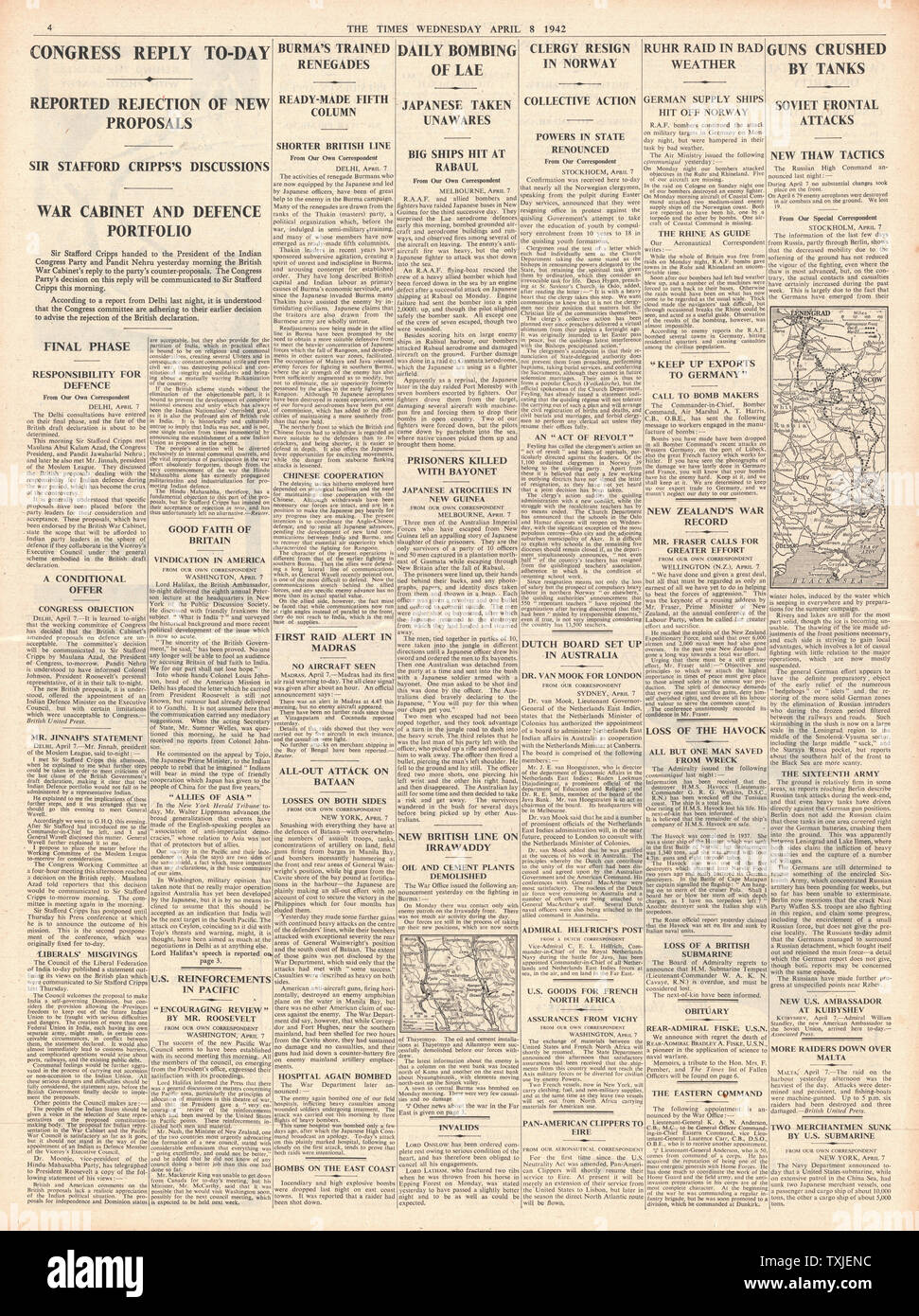 1942 page 4 The Times Indian Congress reject British offer, Battle for Burma and all Norwegian Clergymen Resign Stock Photo