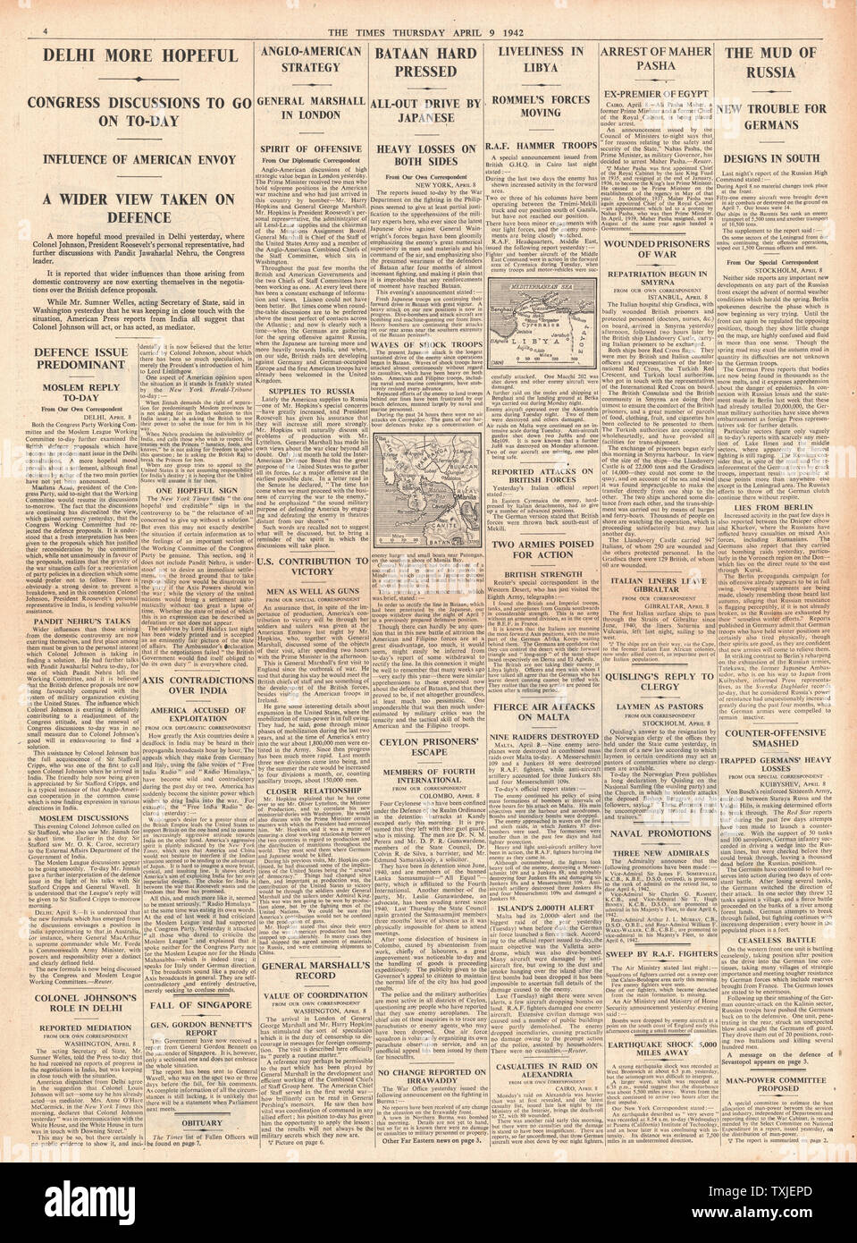 1942 page 4  The Times Diplomatic Talks in India, Africa Corps on the move and Battles for Russia, Burma and Bataan Stock Photo