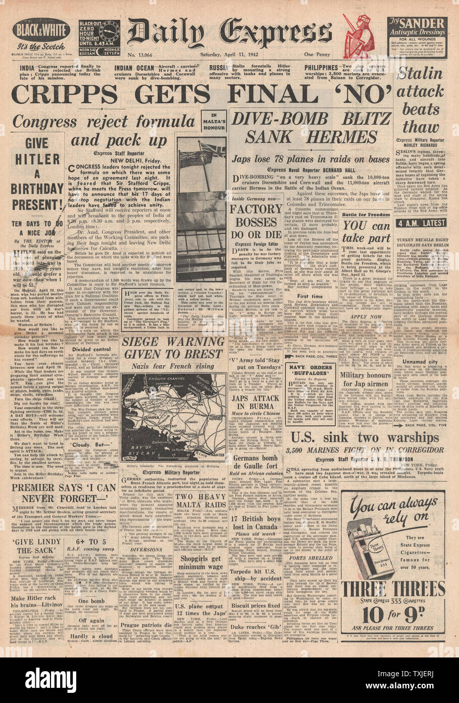 1942 front page  Daily Express Indian Congress Leaders Reject British Proposals and Royal Navy Aircraft Carrier Sunk Stock Photo