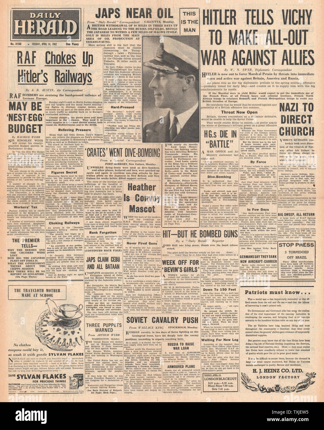 1942 front page  Daily Herald Battle for Burma and Hitler Tells Vichy France to make war against Allies Stock Photo