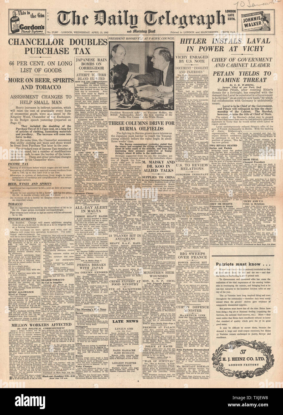 1942 front page  Daily Telegraph Sir Kingsley Wood, Chancellor of the Exchequer, announces The Budget and Pierre Laval re-instated as Vice Premier of Vichy France Stock Photo
