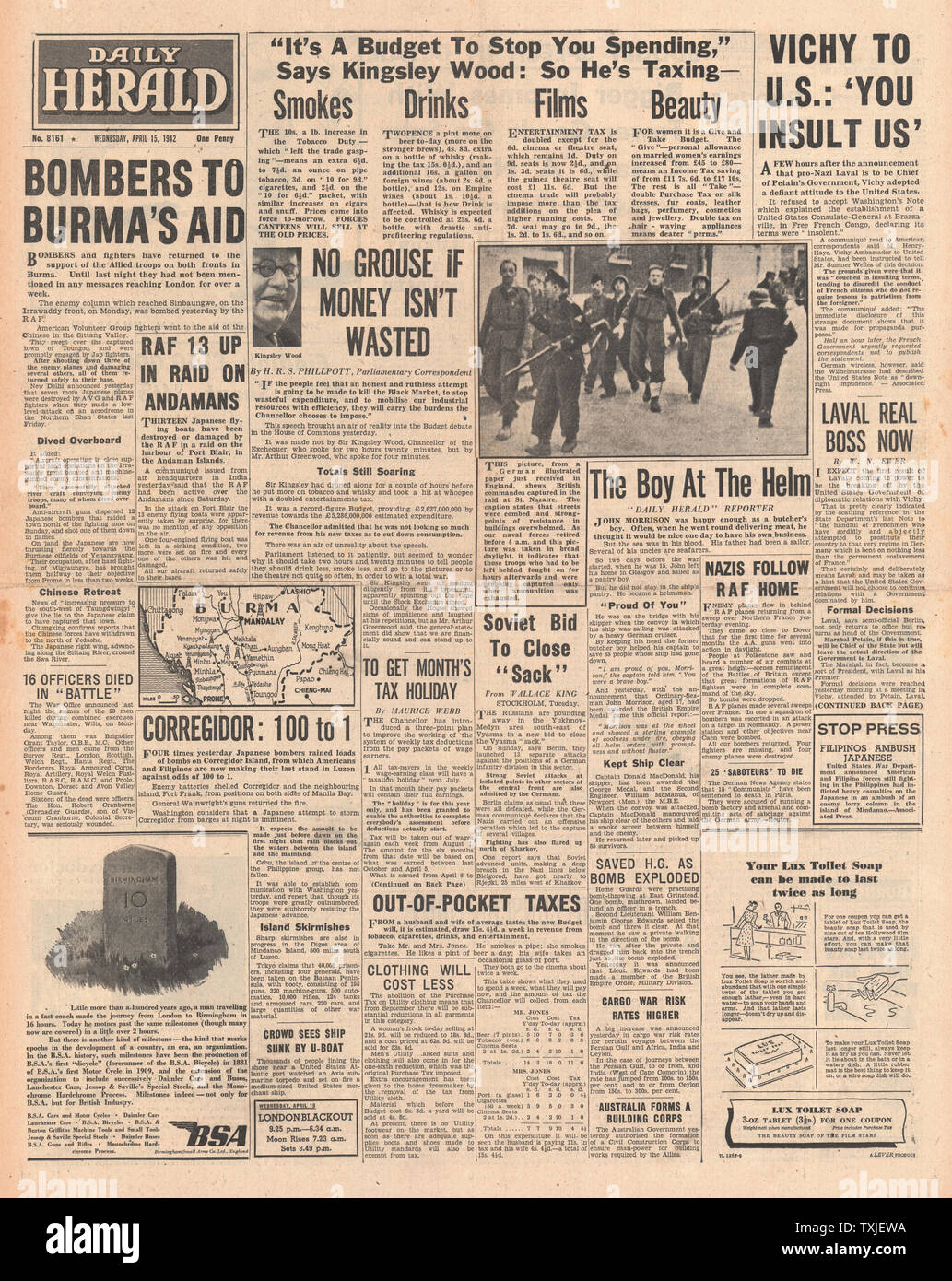 1942 front page  Daily Herald Sir Kingsley Wood, Chancellor of the Exchequer, announces The Budget and Pierre Laval re-instated as Vice Premier of Vichy France Stock Photo