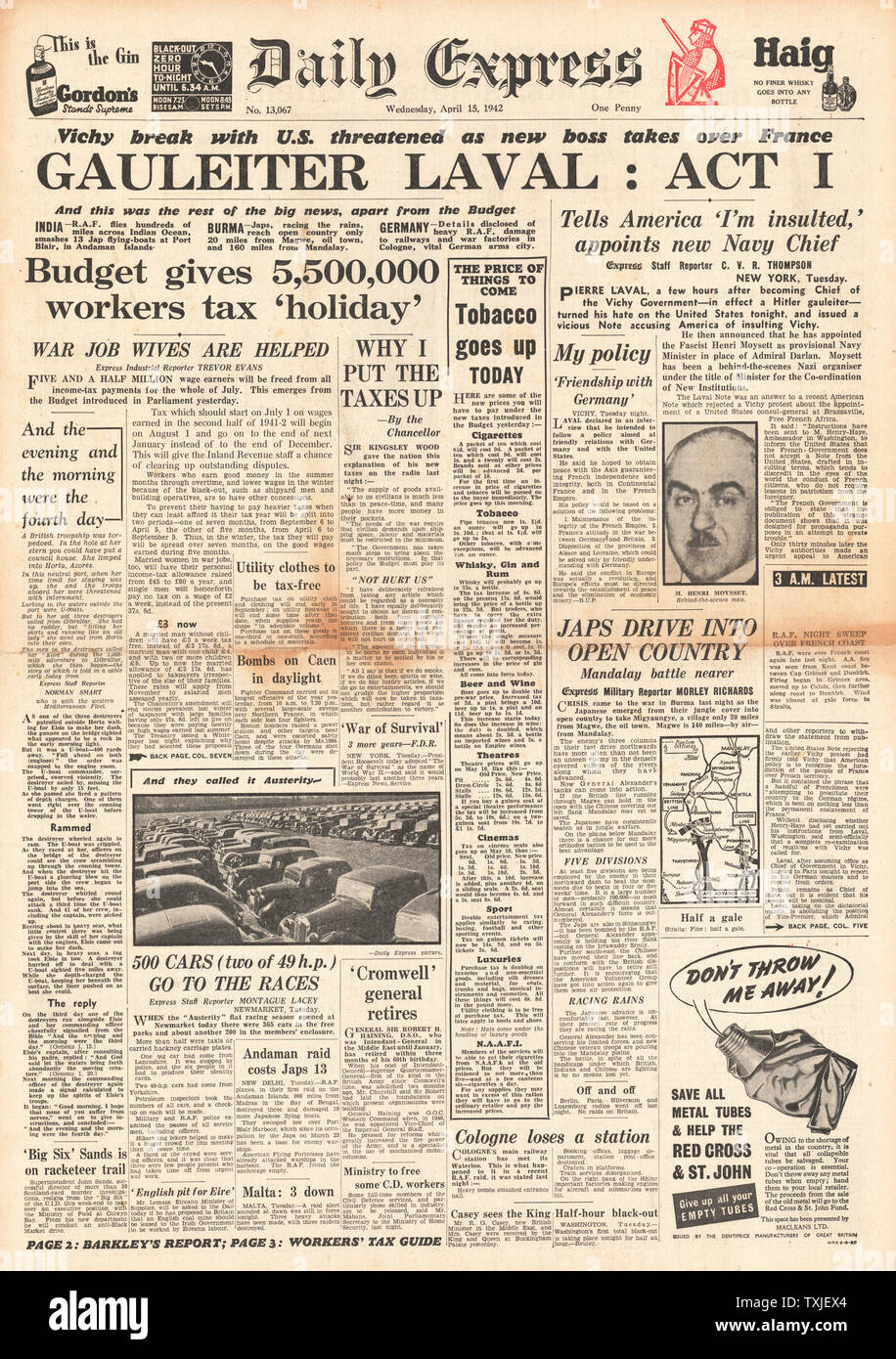 1942 front page  Daily Express Sir Kingsley Wood, Chancellor of the Exchequer, announces The Budget and Pierre Laval re-instated as Vice Premier of Vichy France Stock Photo