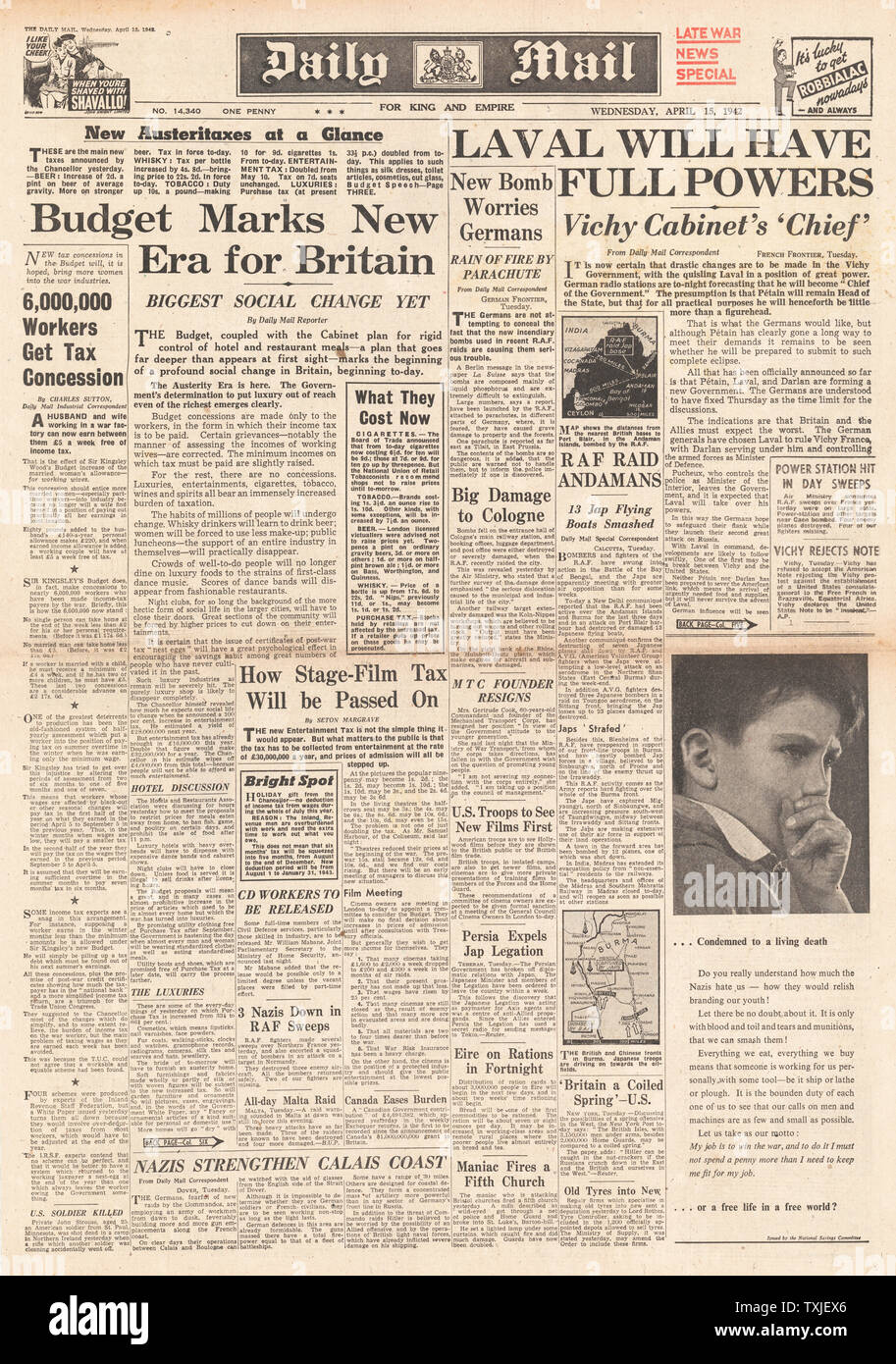 1942 front page  Daily Mail Sir Kingsley Wood, Chancellor of the Exchequer, announces The Budget and Pierre Laval re-instated as Vice Premier of Vichy France Stock Photo