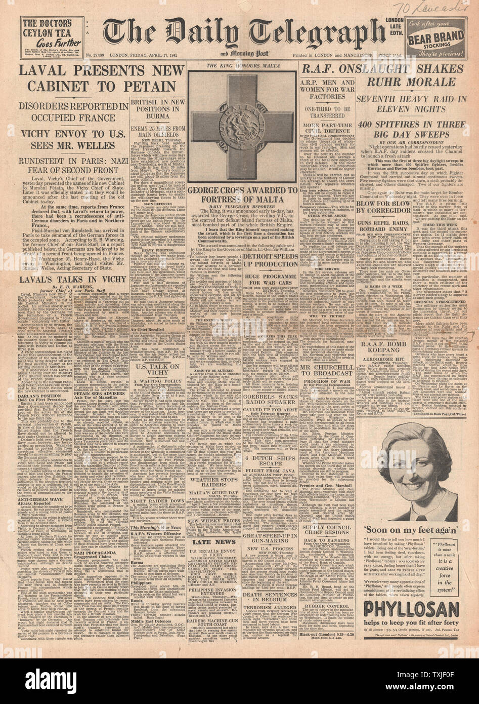 1942 front page Daily Telegraph Laval forms new Cabinet in Vichy France, RAF Spitfires raid Northern France and King George VI awards Malta the George Cross Stock Photo
