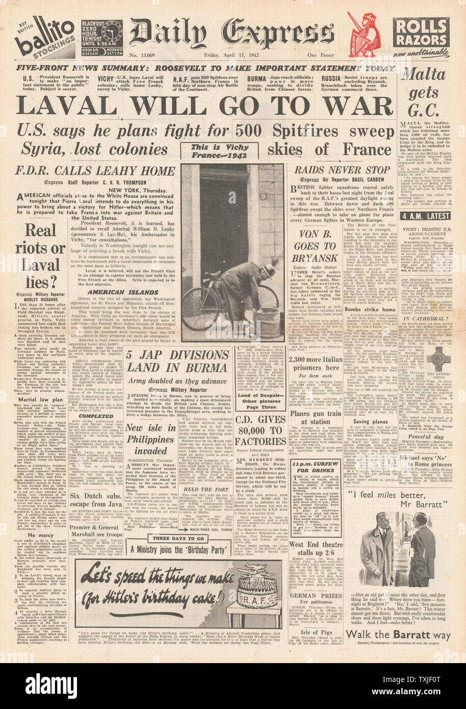 1942 front page Daily Express Laval forms new Cabinet in Vichy France, RAF Spitfires raid Northern France and King George VI awards Malta the George Cross Stock Photo
