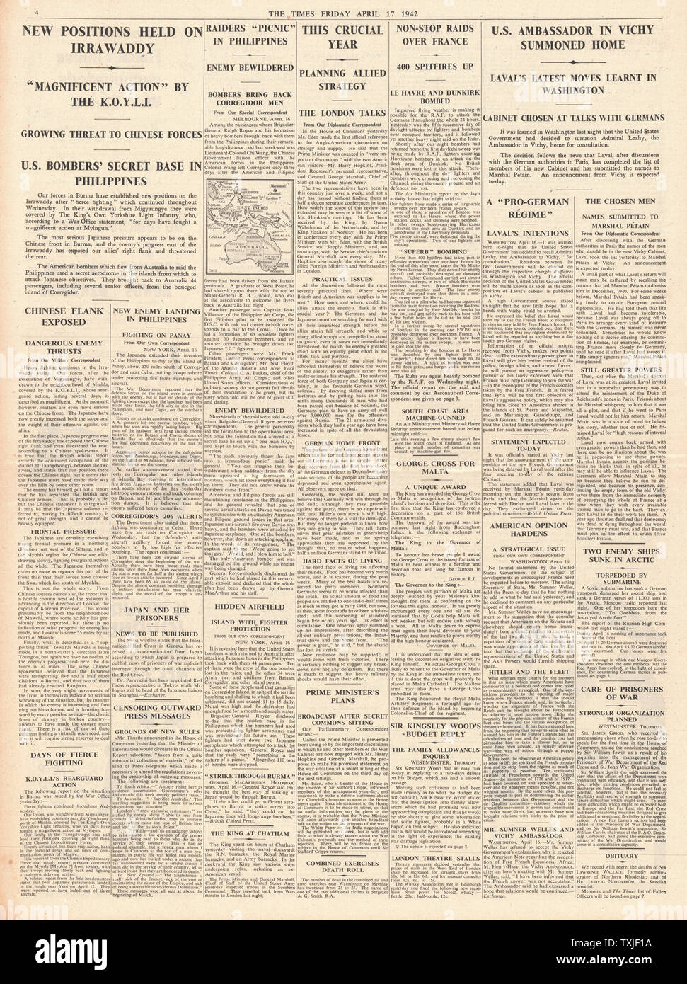 1942 page 4 The Times Laval forms new Cabinet in Vichy France, RAF Spitfires raid Northern France and King George VI awards Malta the George Cross Stock Photo
