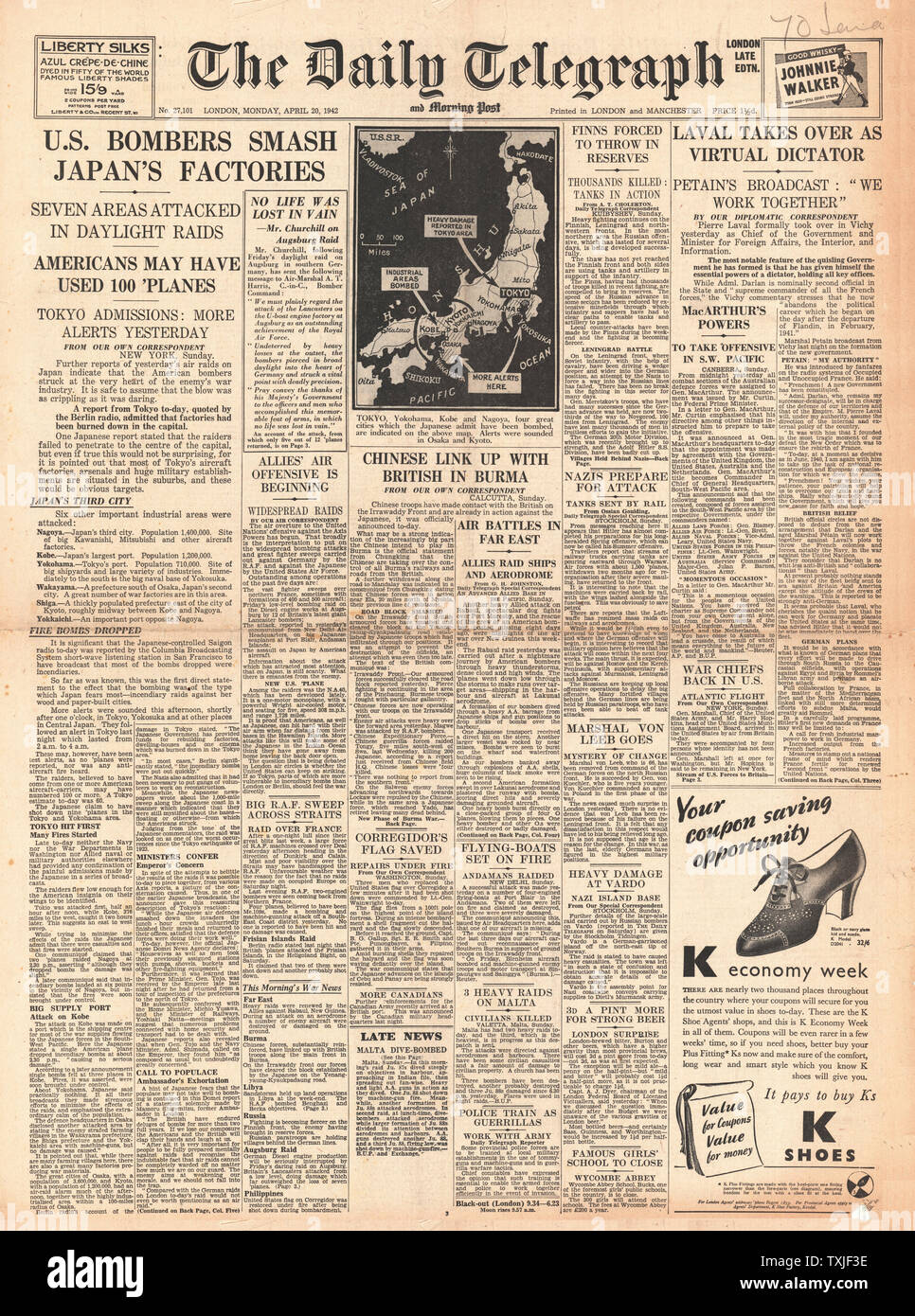 1942 front page Daily Telegraph U.S. Bombers raid Japan, Chinese Army advance in Burma and Pierre Laval heads Vichy Government Stock Photo